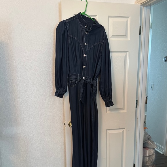 7 For All Mankind Blue Jumpsuit with Collared Neckline and Elastic Waist - Picture 1 of 8
